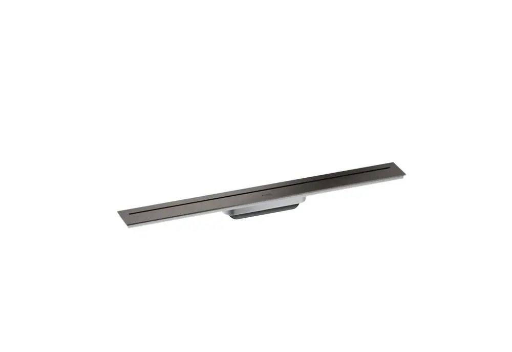 Drain Fertigset in mattem Schwarz, präsentiert von AXOR. Schmale, elegante Linienform, geeignet für die Installation in Duschen oder in modernen Bädern.